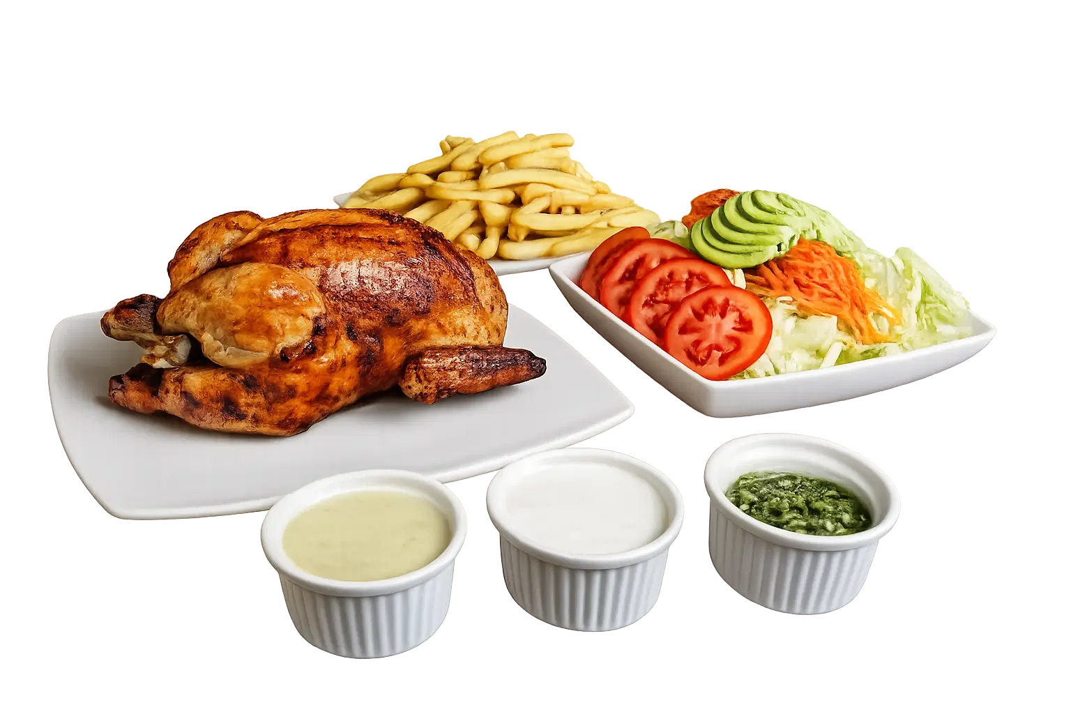 Pollo a la brasa dorado servido con papas fritas y ensalada